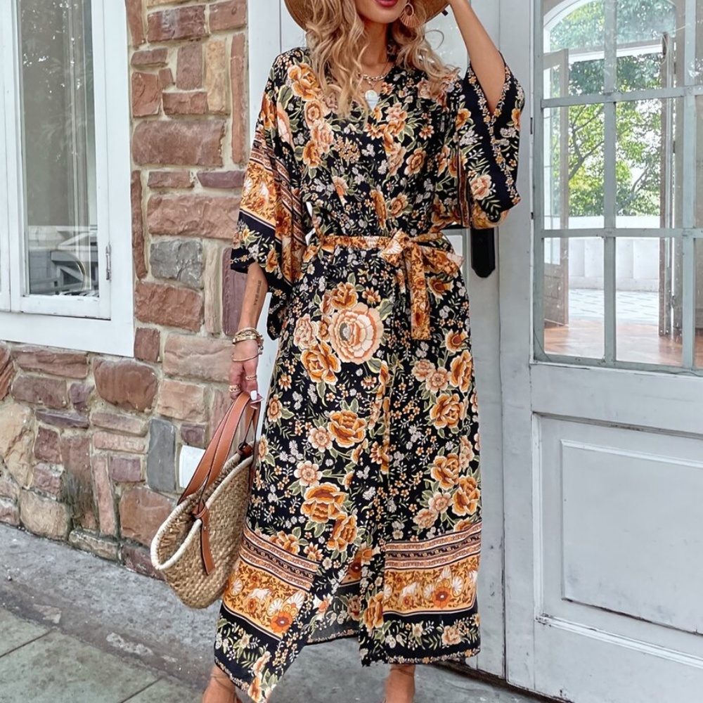 Boho Black Pink Floral Belted Long Kimono Cover up Beach - Picture 7 of 11